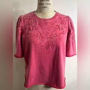 Sundance Pink Embroidered French Terry Distressed Wash Top Size Medium